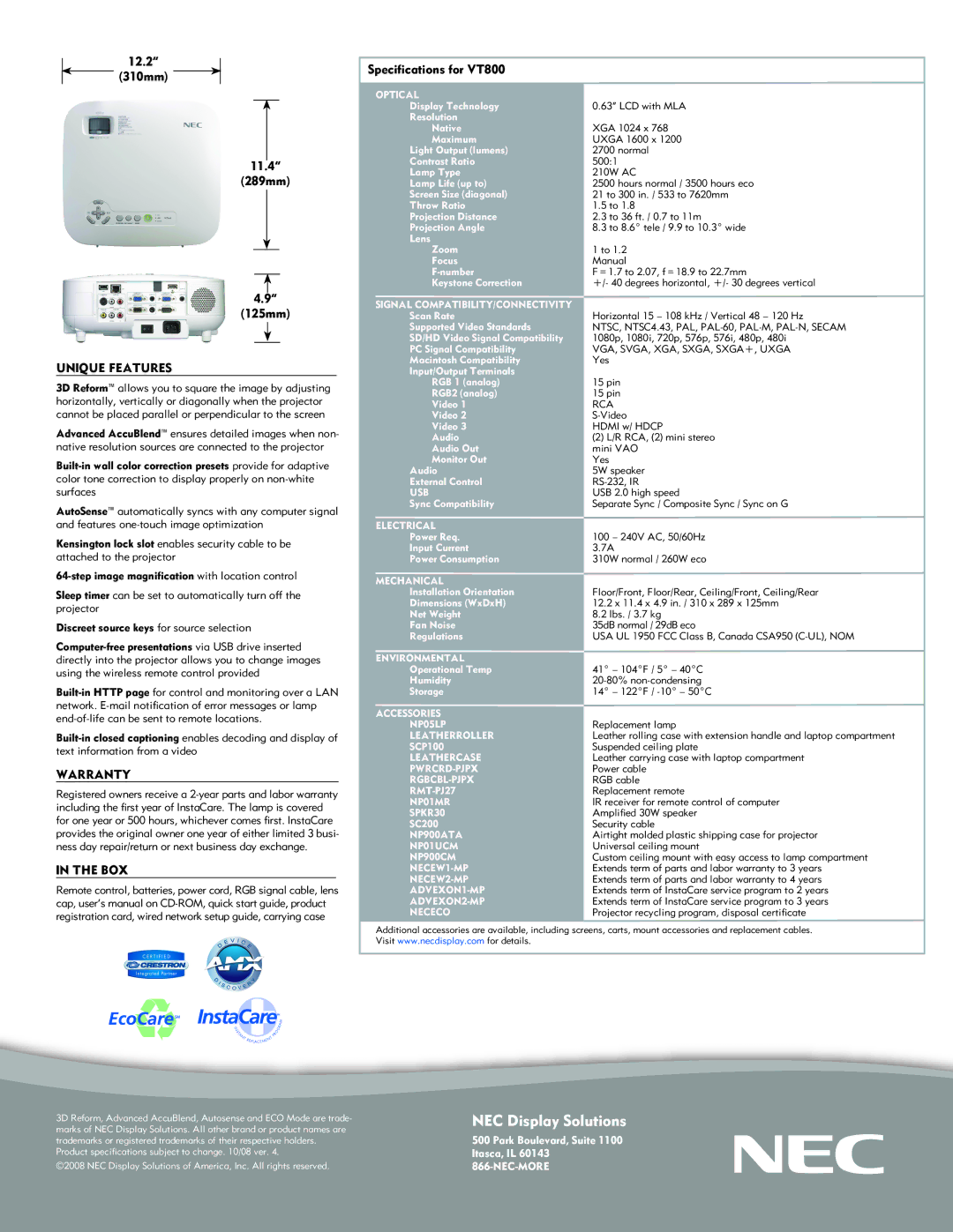 NEC VT800 manual Unique Features, Warranty, Box 