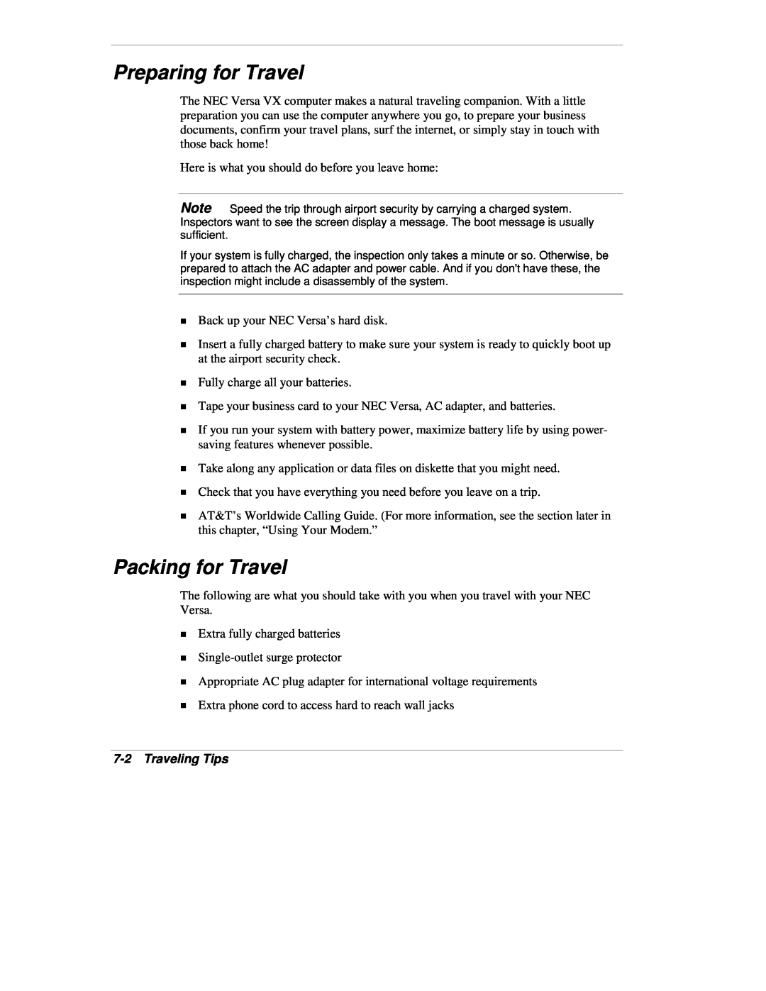 NEC VX manual Preparing for Travel, Packing for Travel, Traveling Tips 