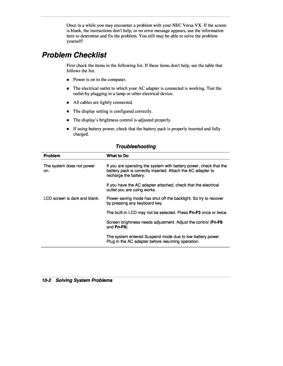 NEC VX manual Problem Checklist, Troubleshooting, Solving System Problems 