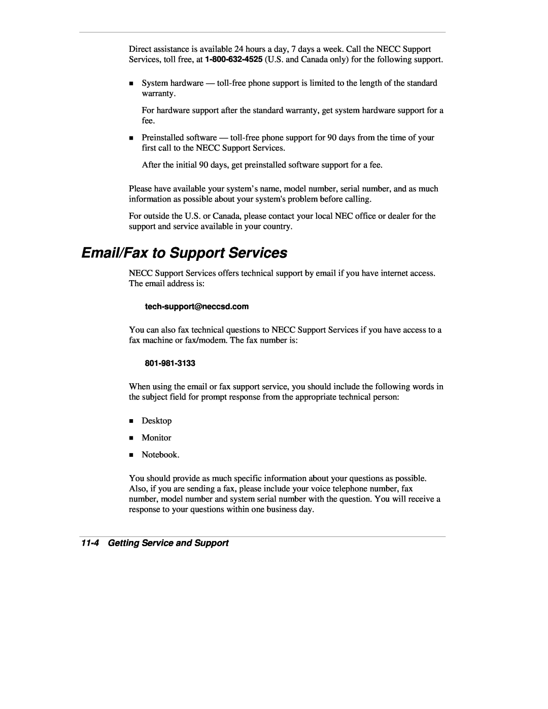 NEC VX manual Email/Fax to Support Services, Getting Service and Support 