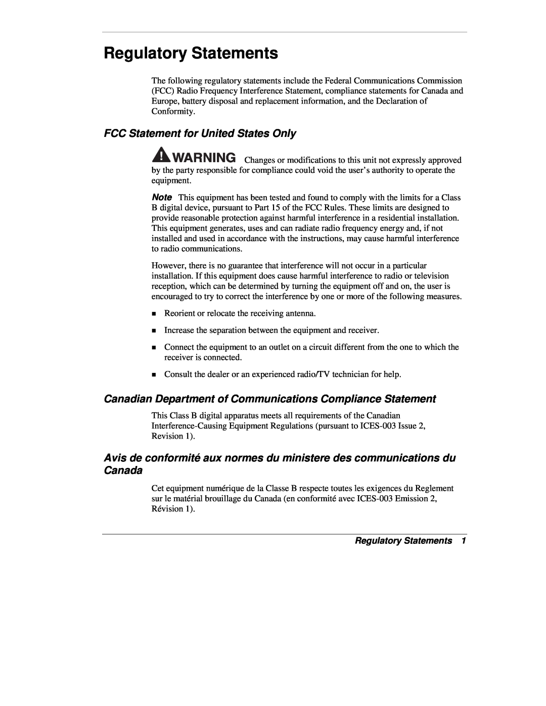 NEC VX manual Regulatory Statements, FCC Statement for United States Only 