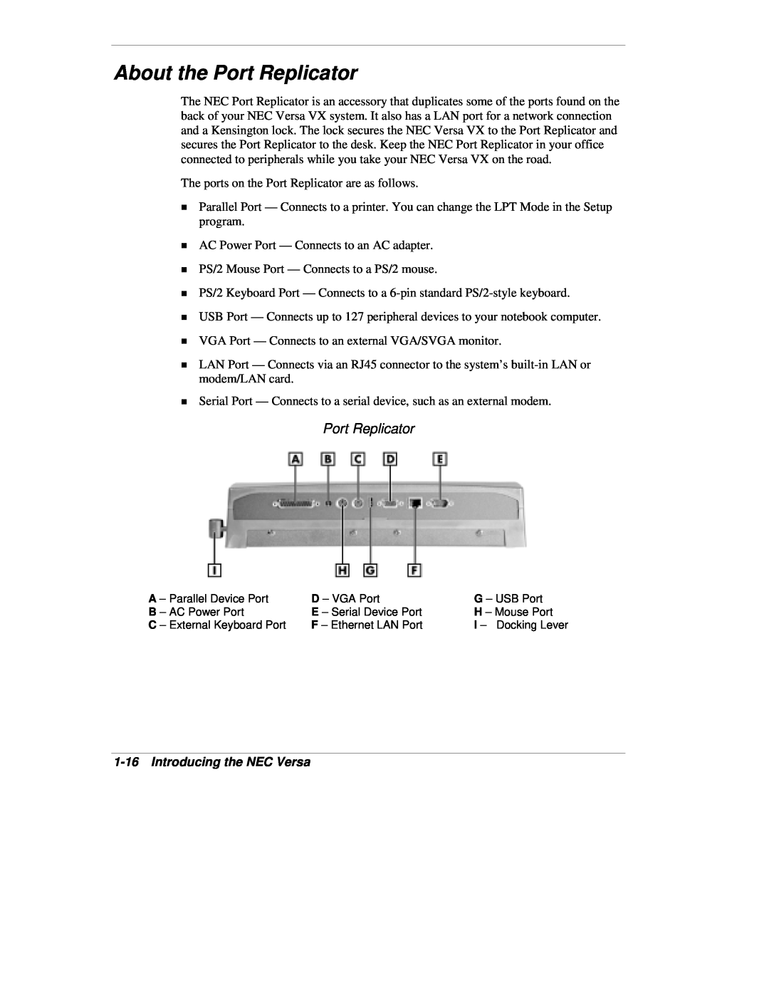 NEC VX manual About the Port Replicator, Introducing the NEC Versa 