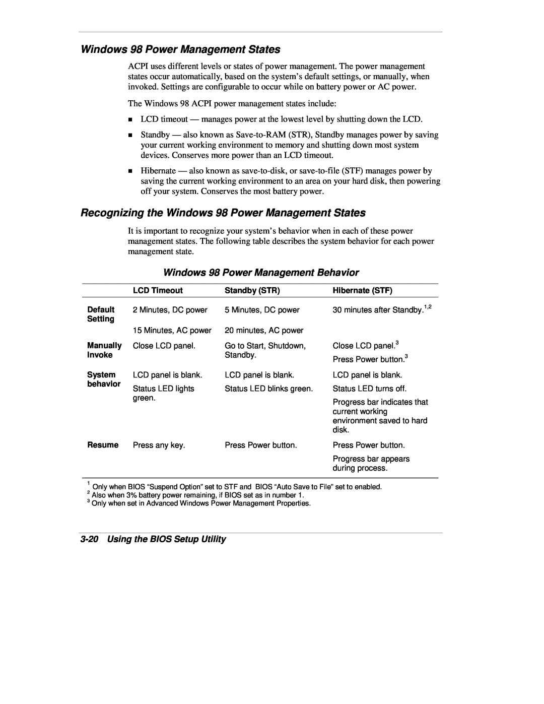 NEC VX manual Recognizing the Windows 98 Power Management States, Windows 98 Power Management Behavior 