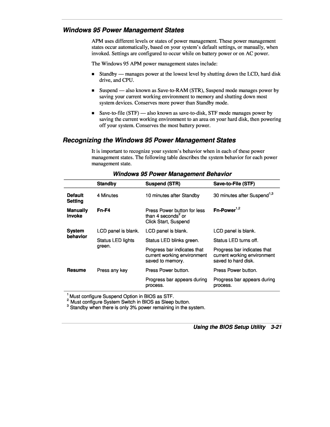 NEC VX manual Recognizing the Windows 95 Power Management States, Windows 95 Power Management Behavior 