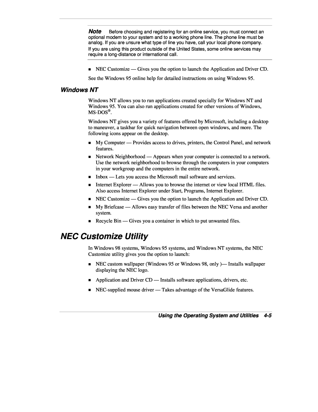 NEC VX manual NEC Customize Utility, Windows NT, Using the Operating System and Utilities 