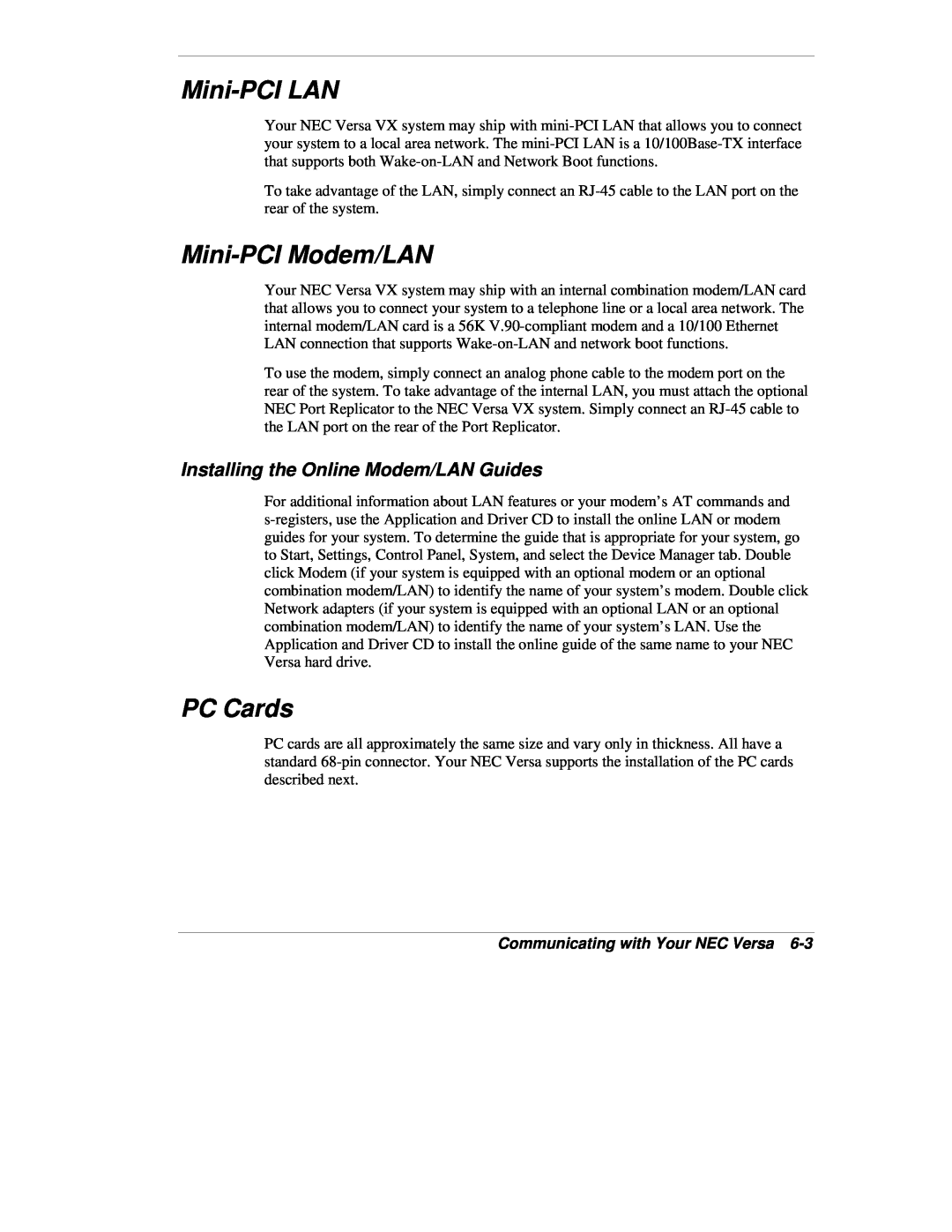 NEC VX manual Mini-PCI LAN, Mini-PCI Modem/LAN, PC Cards, Installing the Online Modem/LAN Guides 