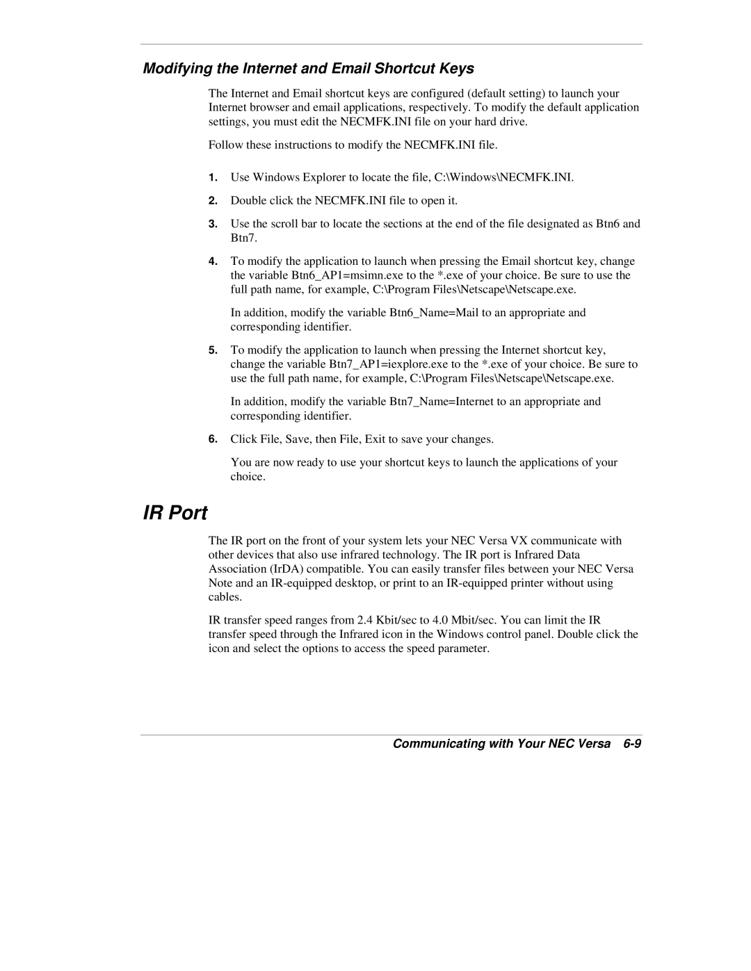 NEC VX manual IR Port, Modifying the Internet and Email Shortcut Keys 