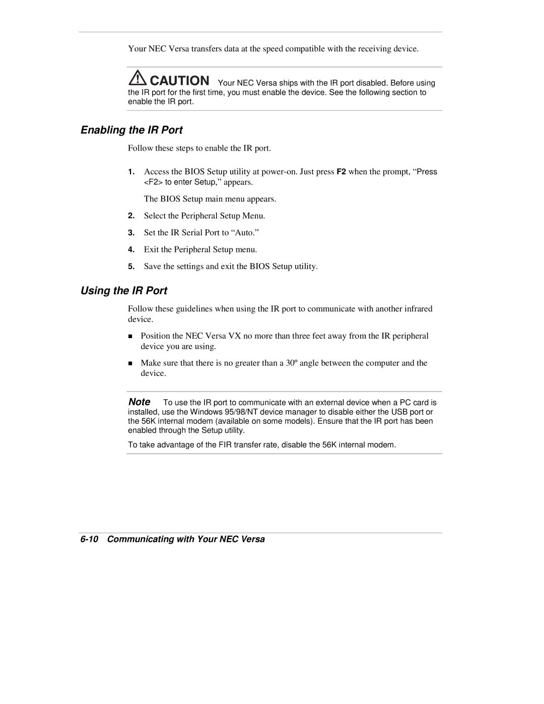 NEC VX manual Enabling the IR Port, Using the IR Port 