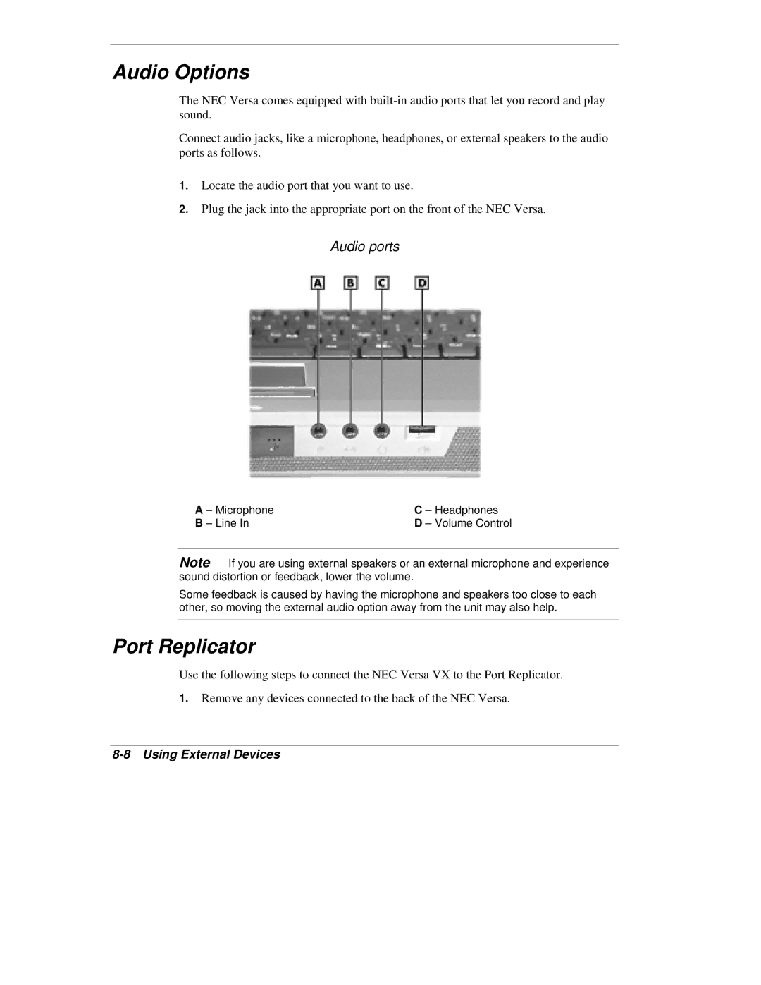 NEC VX manual Audio Options, Port Replicator, Audio ports 