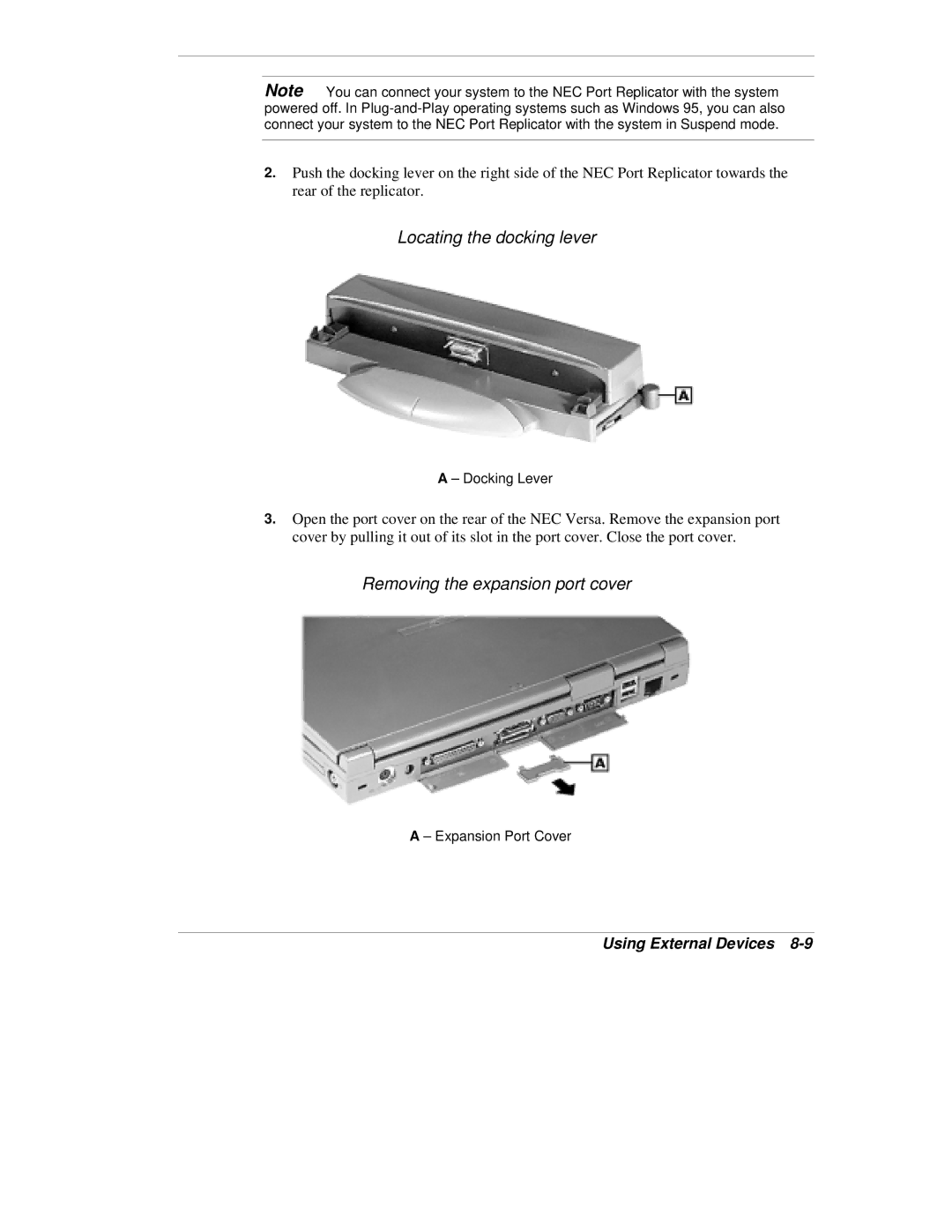 NEC VX manual Locating the docking lever, Removing the expansion port cover 