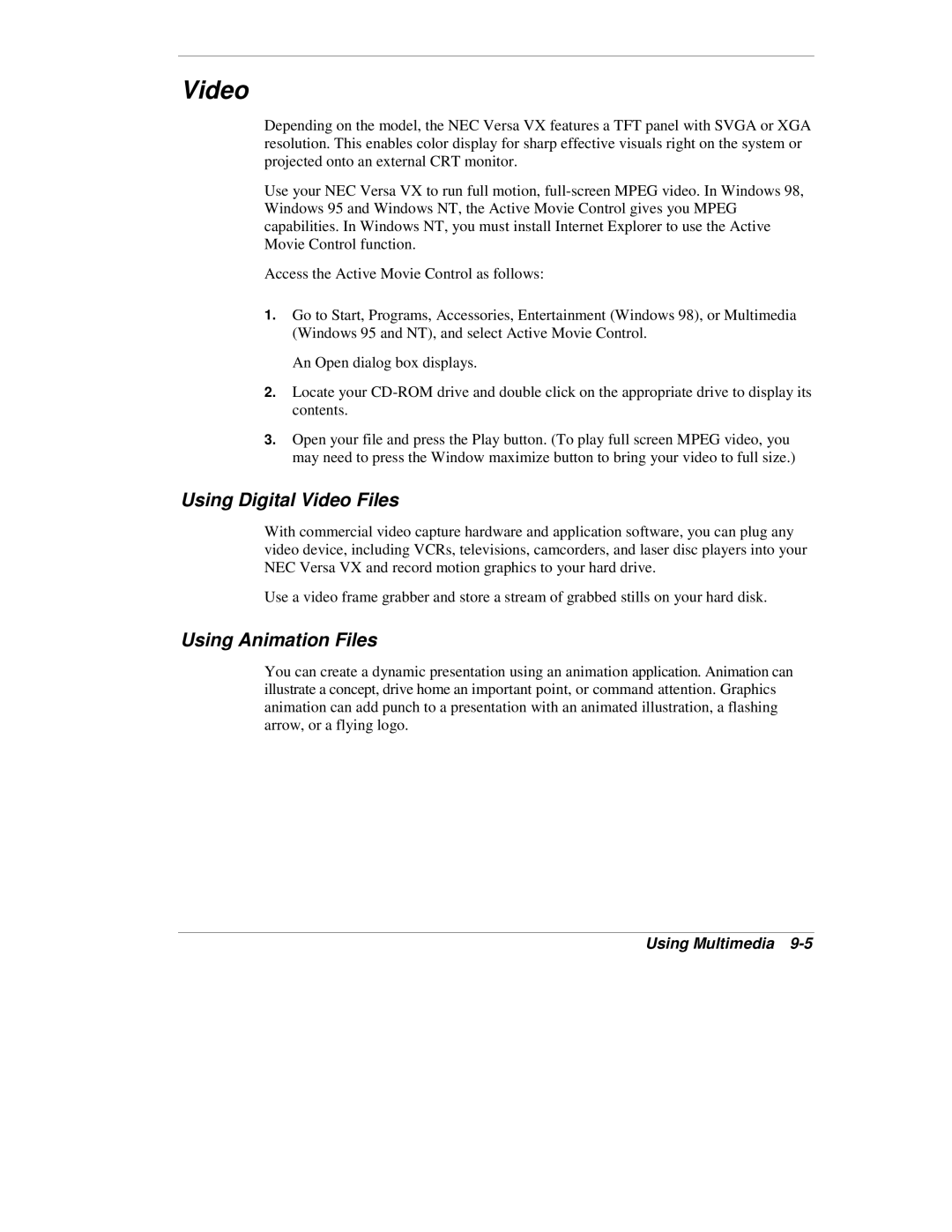 NEC VX manual Using Digital Video Files, Using Animation Files 