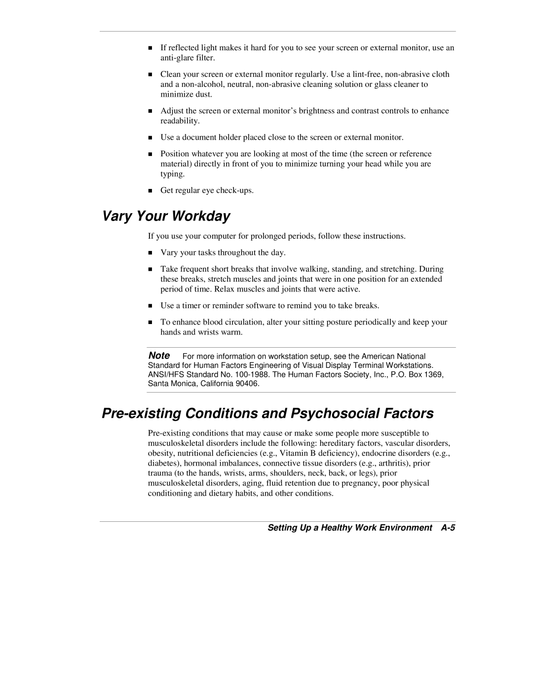 NEC VX Vary Your Workday, Pre-existing Conditions and Psychosocial Factors, Setting Up a Healthy Work Environment A-5 