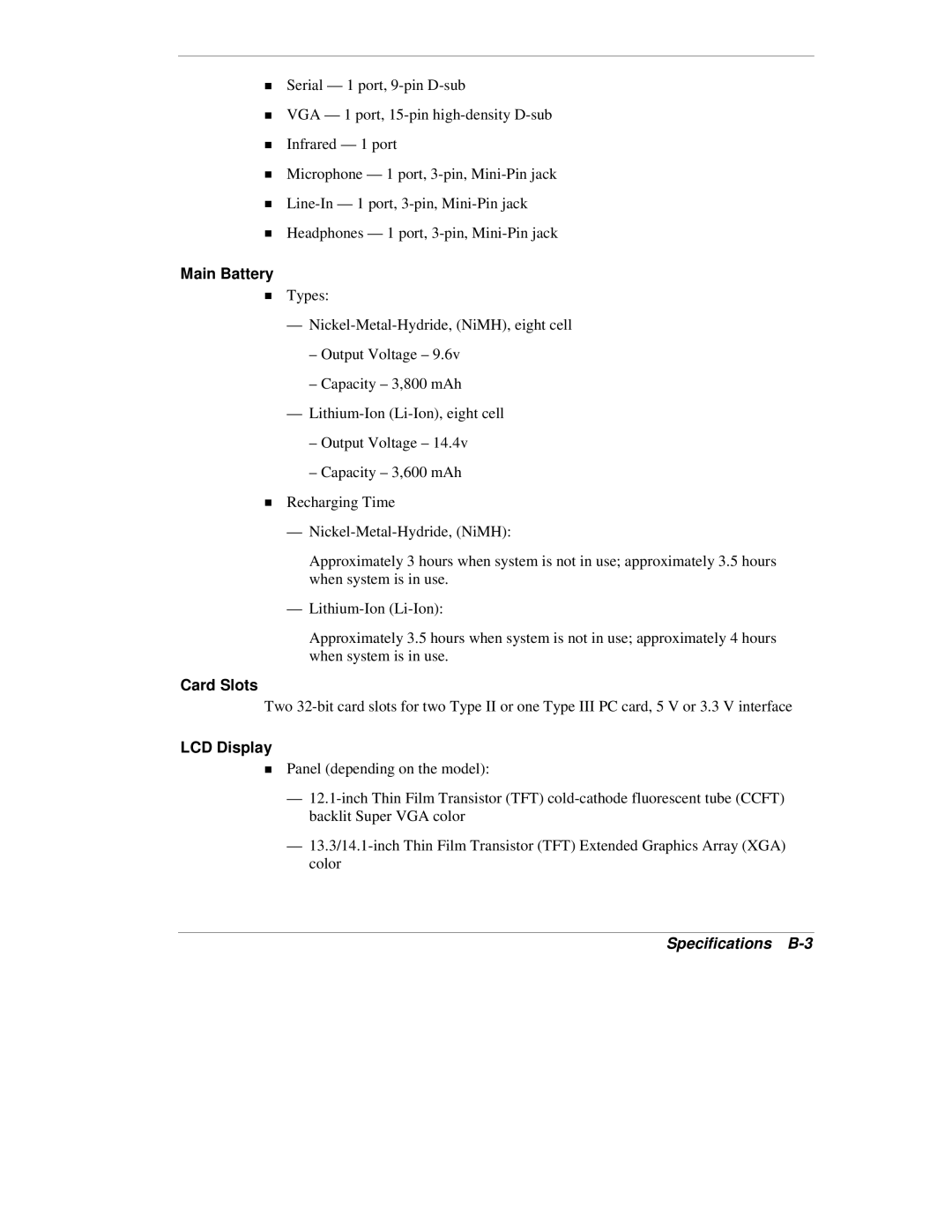 NEC VX manual Main Battery, Specifications B-3 