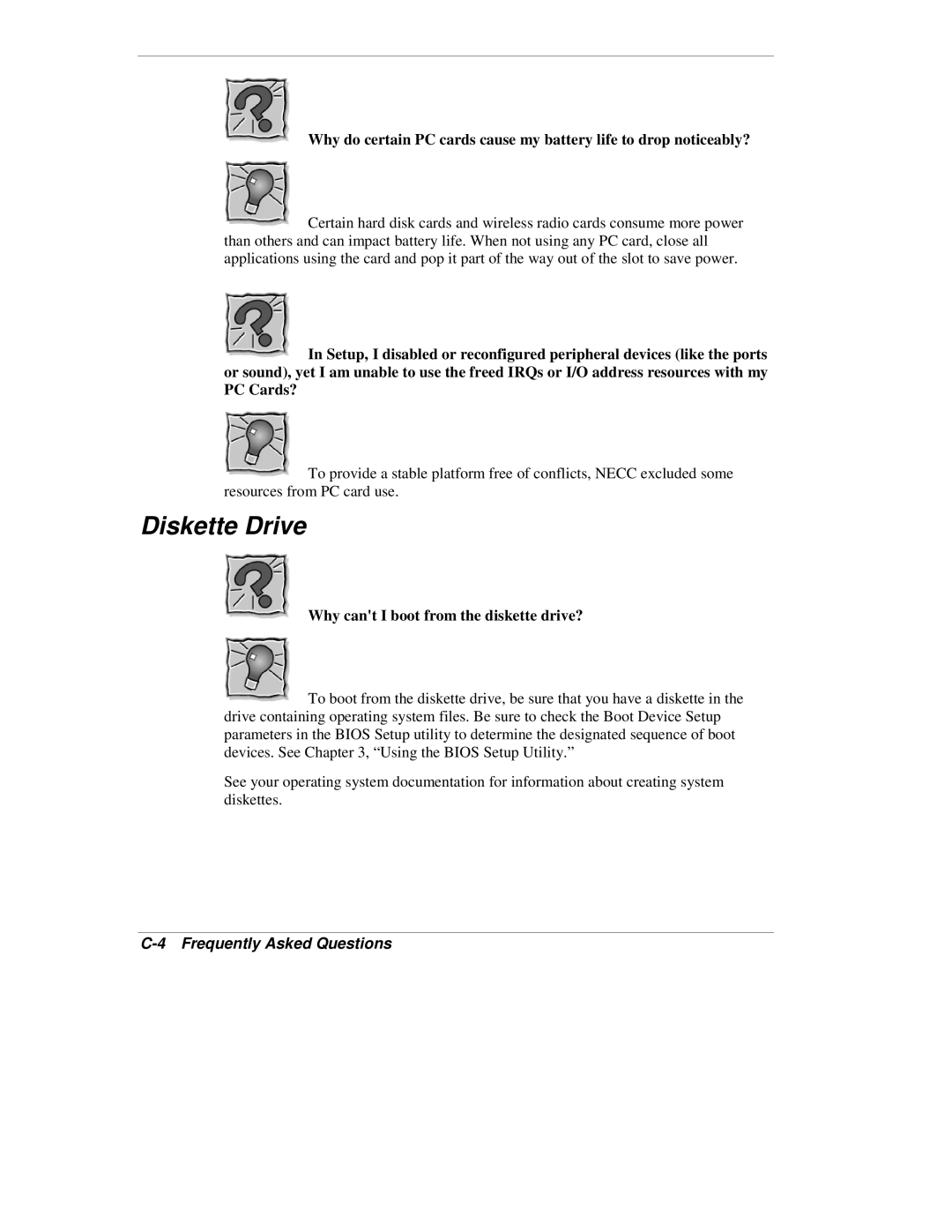 NEC VX manual Diskette Drive, Why cant I boot from the diskette drive? 