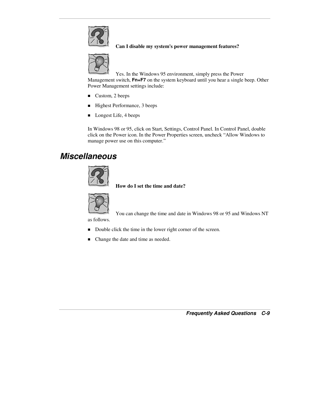 NEC VX manual Miscellaneous, Frequently Asked Questions C-9 