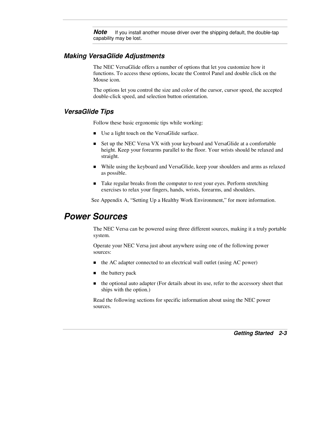 NEC VX manual Power Sources, Making VersaGlide Adjustments, VersaGlide Tips 