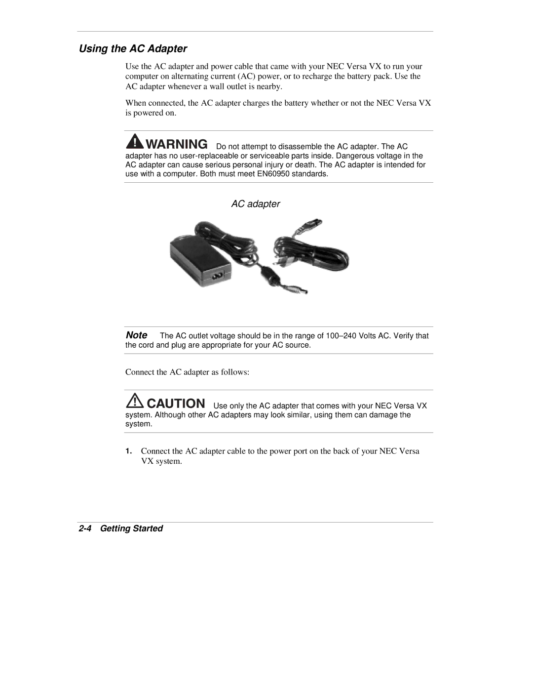 NEC VX manual Using the AC Adapter, AC adapter 