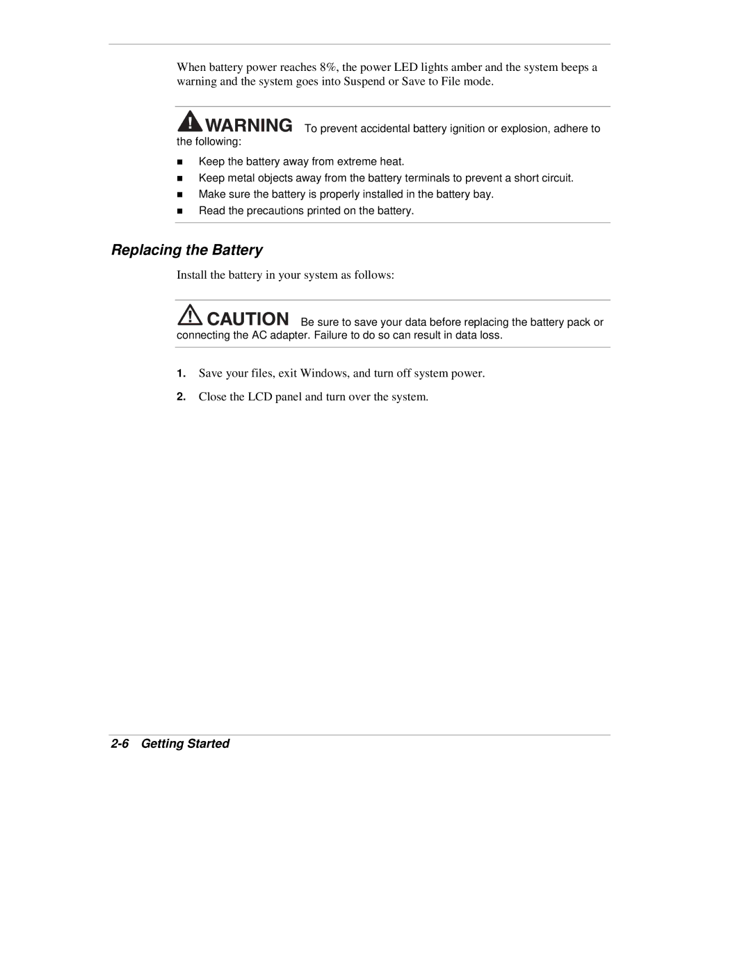 NEC VX manual Replacing the Battery, Install the battery in your system as follows 