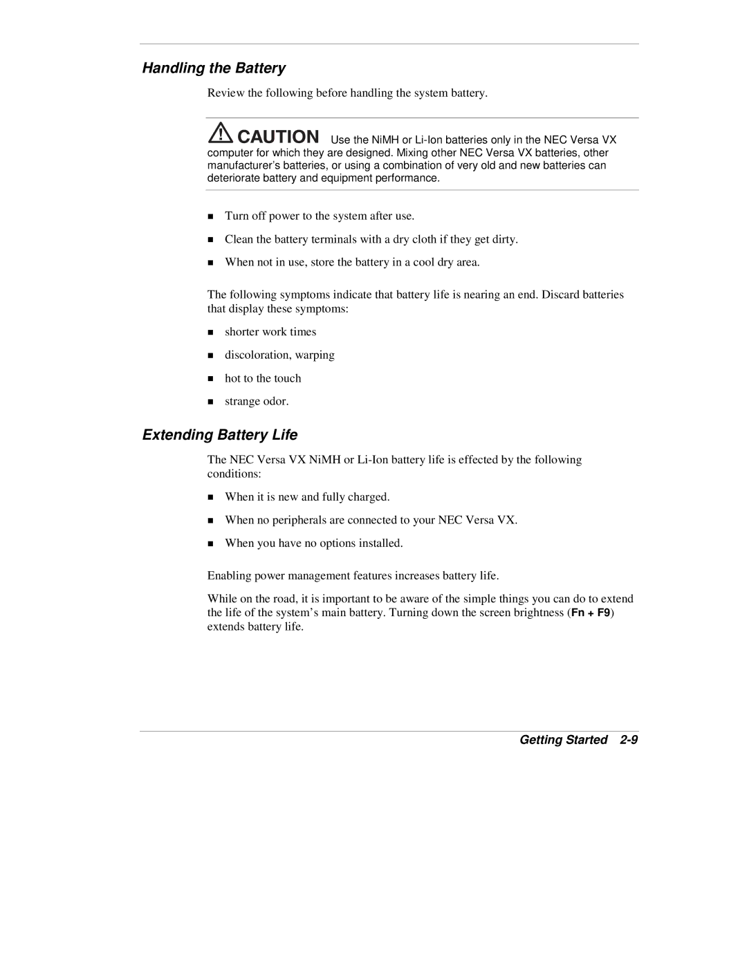 NEC VX manual Handling the Battery, Extending Battery Life 