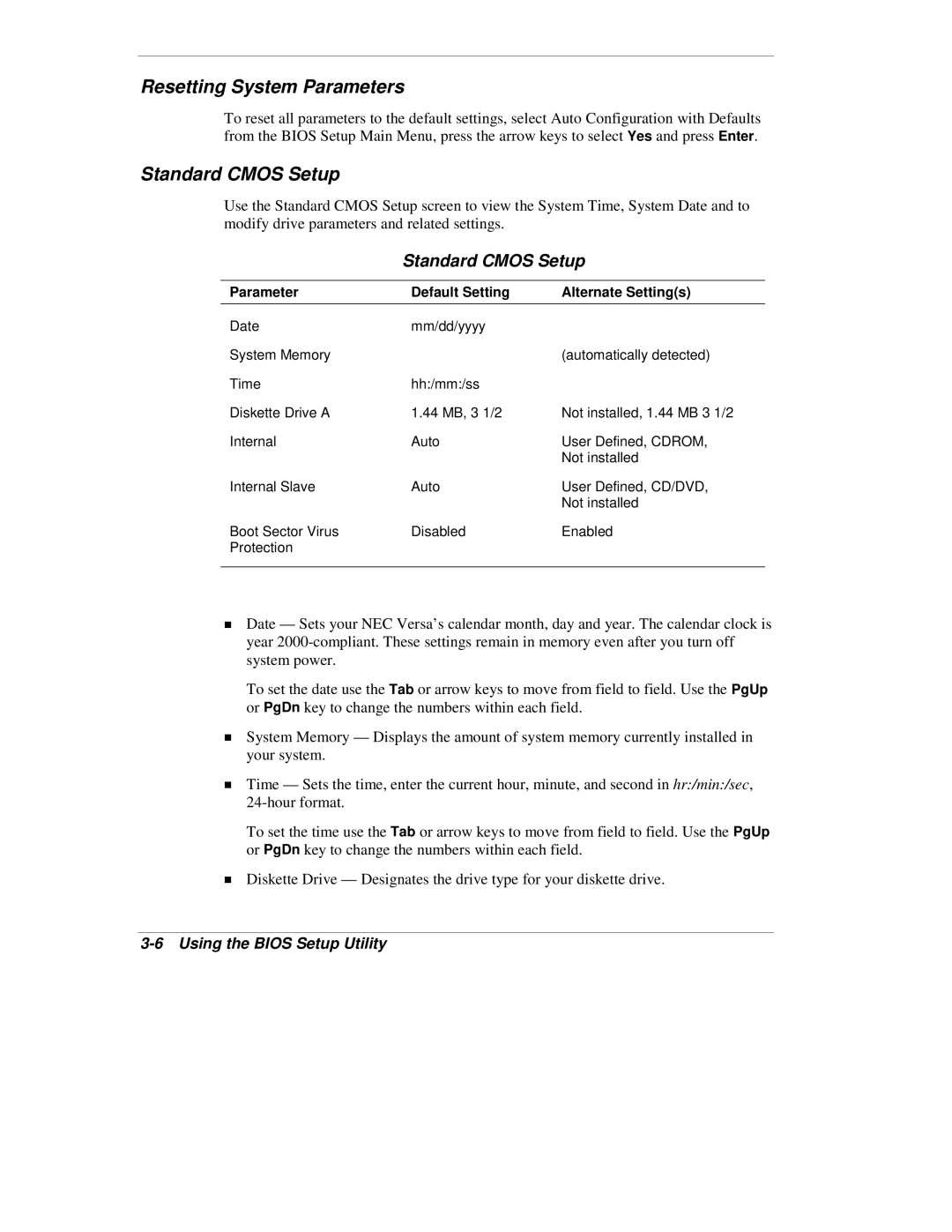 NEC VX manual Resetting System Parameters, Standard Cmos Setup 