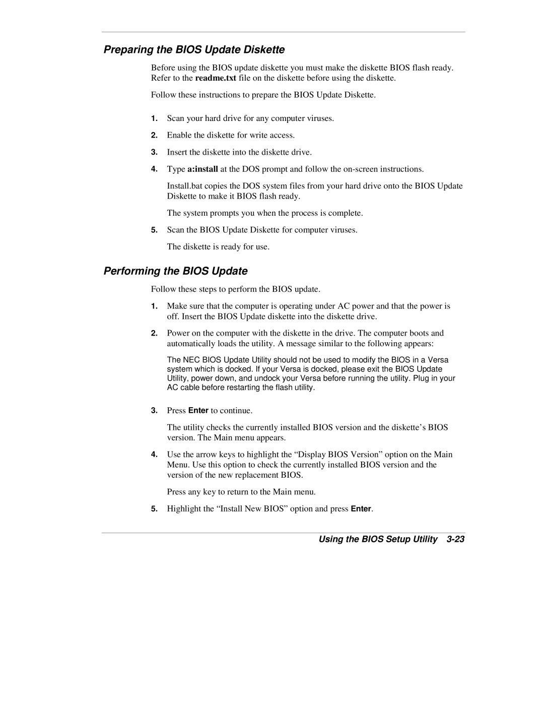 NEC VX manual Preparing the Bios Update Diskette, Performing the Bios Update 