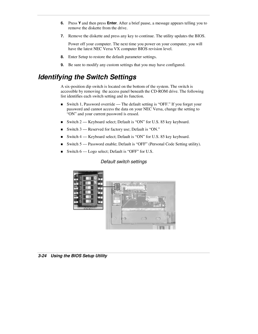 NEC VX manual Identifying the Switch Settings, Default switch settings 