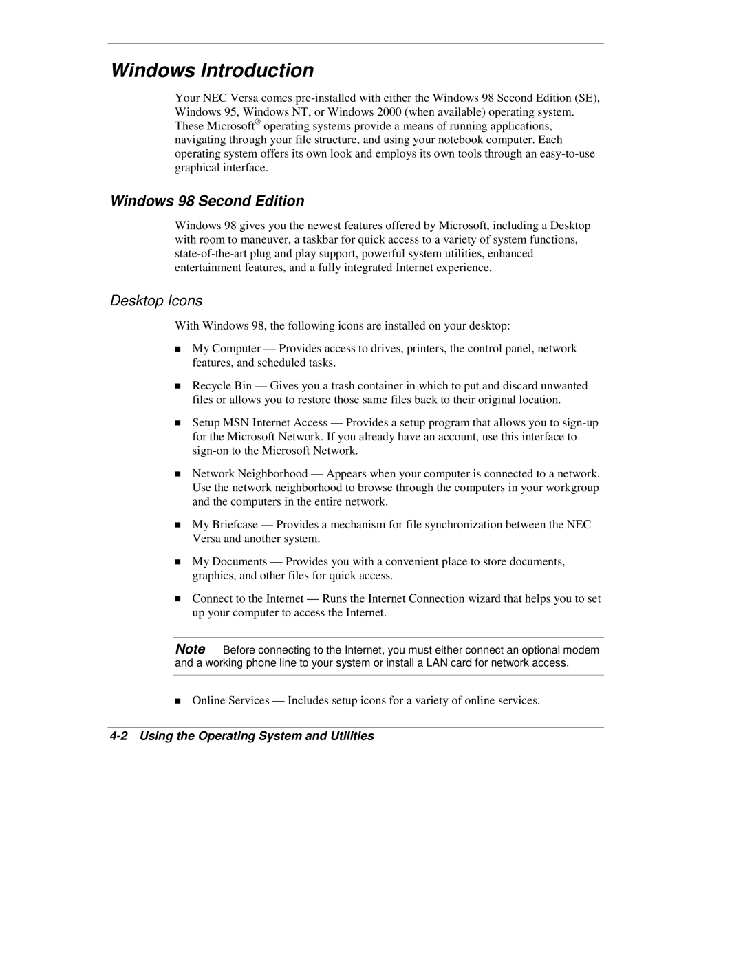 NEC VX manual Windows Introduction, Windows 98 Second Edition, Using the Operating System and Utilities 