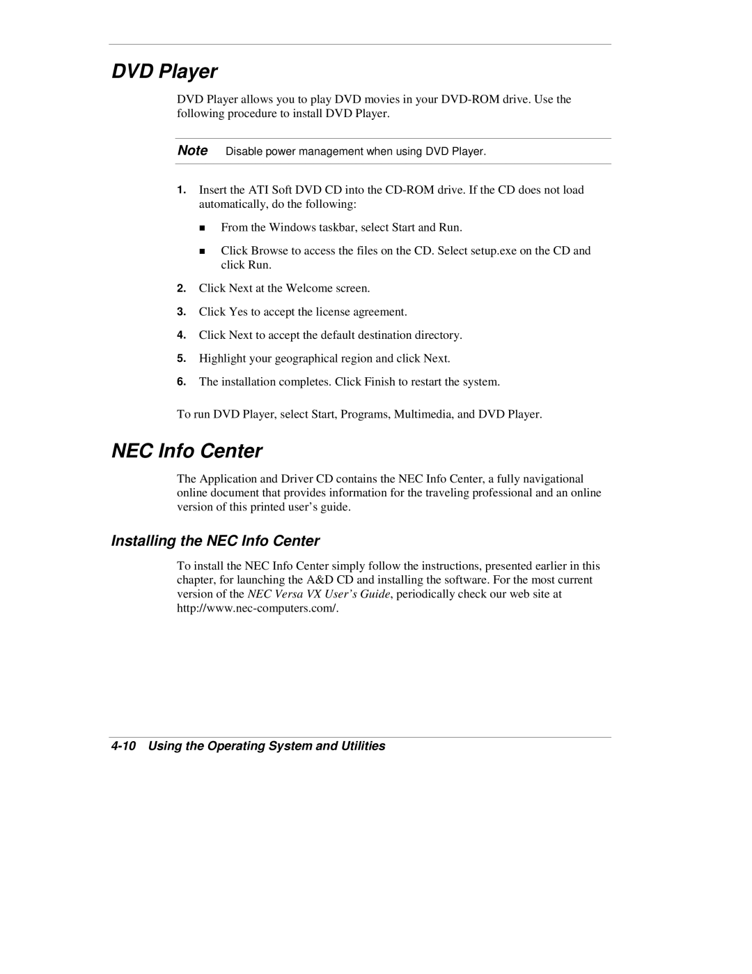 NEC VX manual DVD Player, Installing the NEC Info Center 