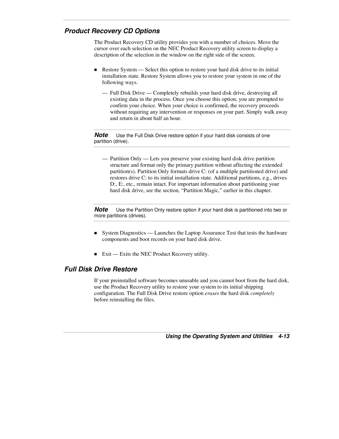 NEC VX manual Product Recovery CD Options, Full Disk Drive Restore 