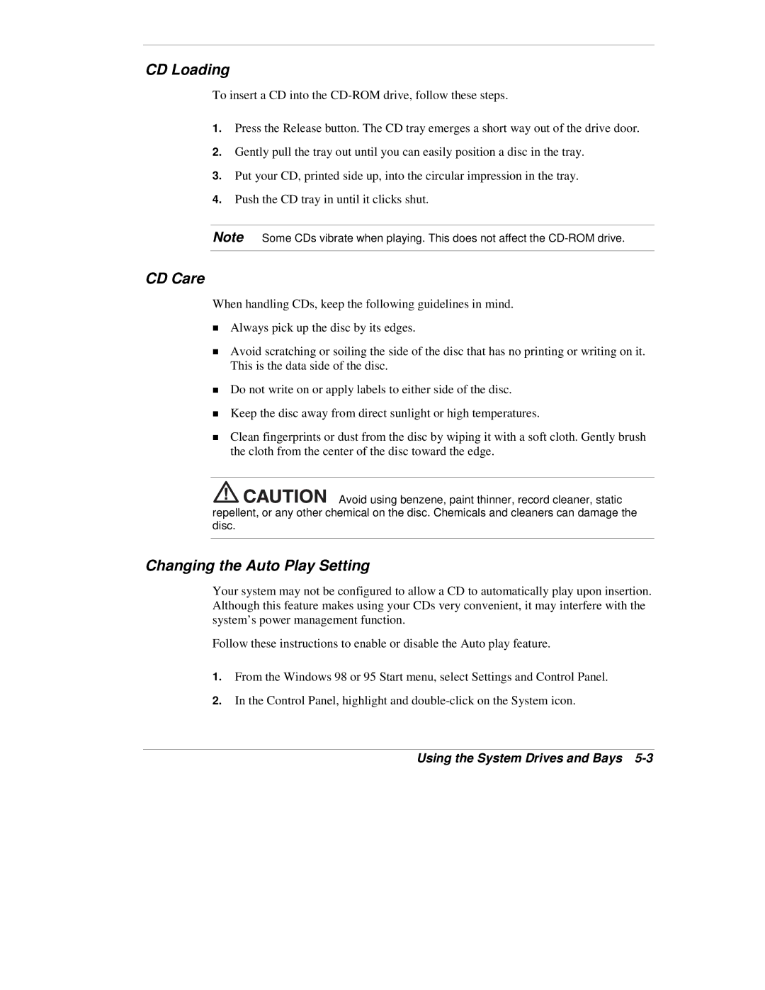 NEC VX manual CD Loading, CD Care, Changing the Auto Play Setting 