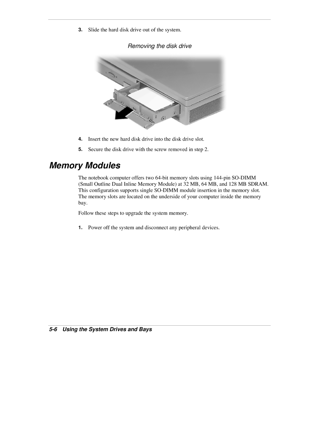 NEC VX manual Memory Modules, Removing the disk drive 