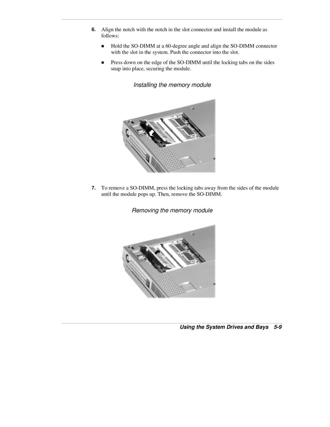 NEC VX manual Installing the memory module, Removing the memory module 