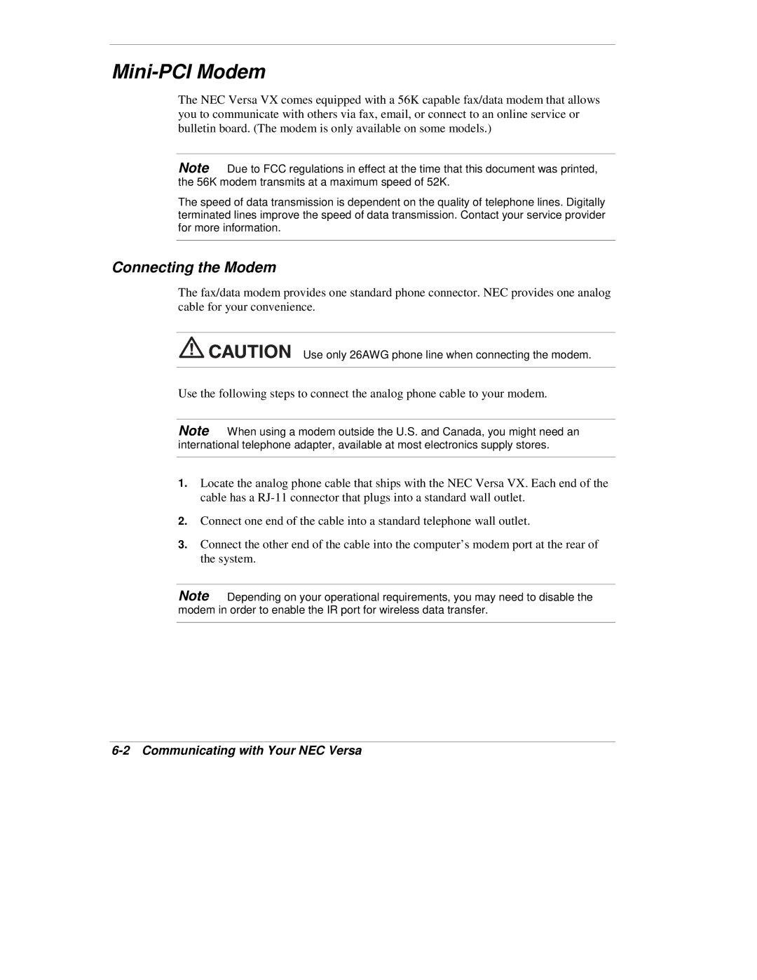 NEC VX manual Mini-PCI Modem, Connecting the Modem, Communicating with Your NEC Versa 