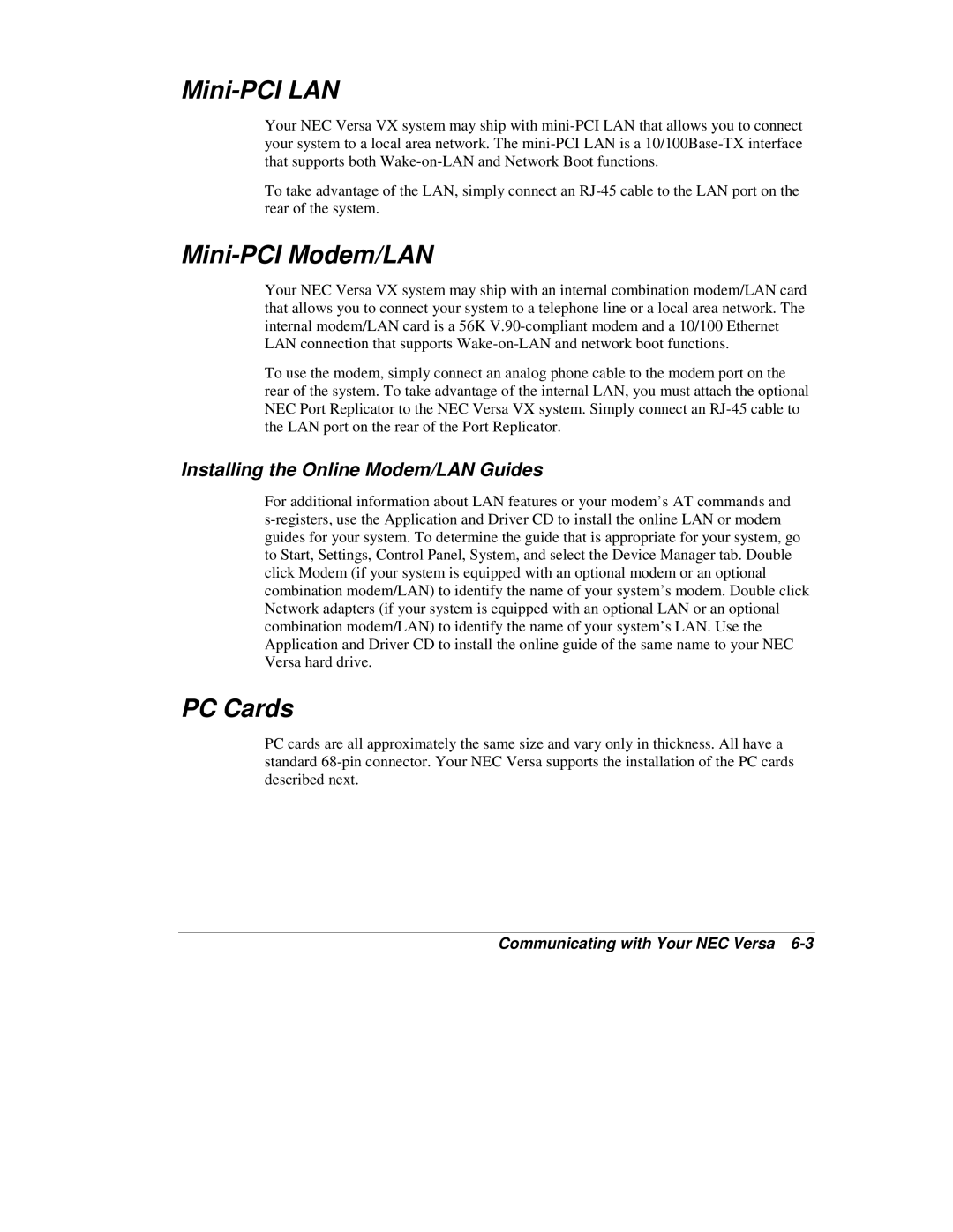 NEC VX manual Mini-PCI LAN, Mini-PCI Modem/LAN, PC Cards, Installing the Online Modem/LAN Guides 