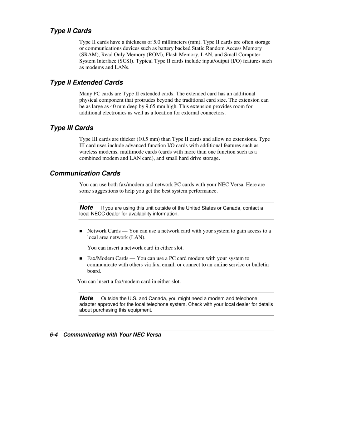 NEC VX manual Type II Cards, Type II Extended Cards, Type III Cards, Communication Cards 