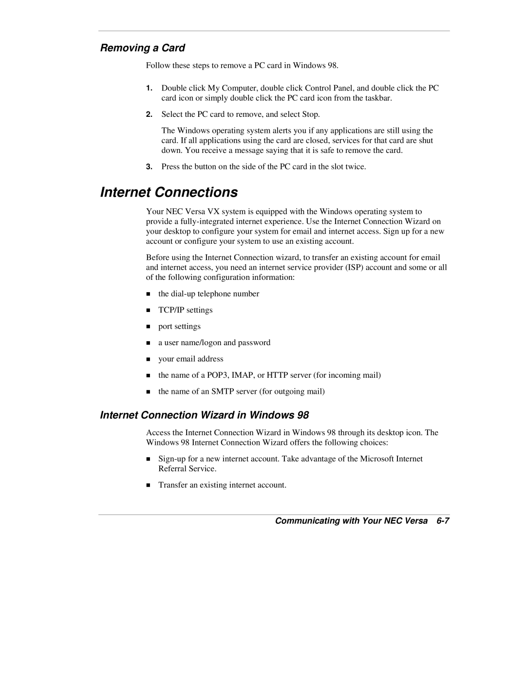 NEC VX manual Internet Connections, Removing a Card, Internet Connection Wizard in Windows 