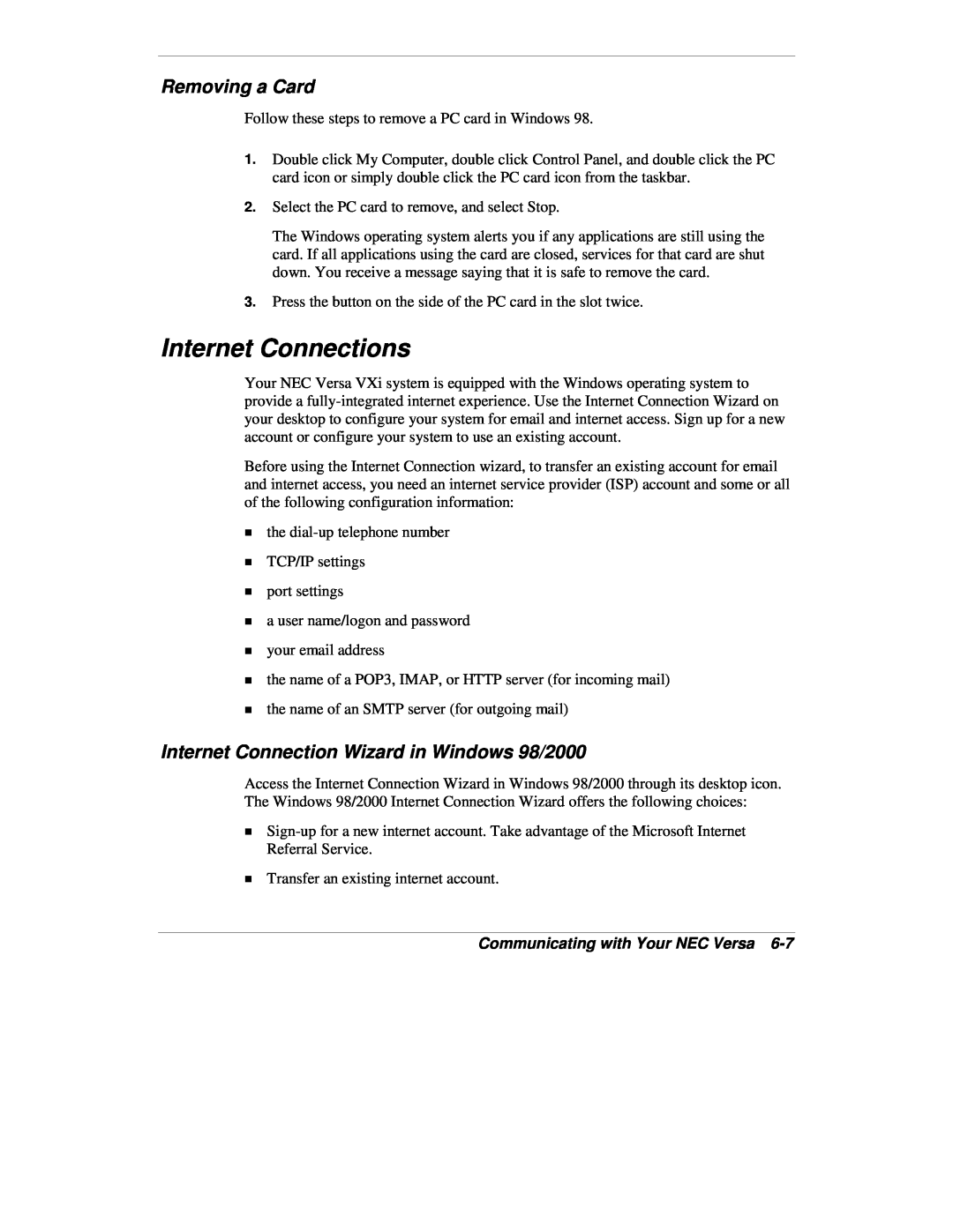 NEC VXi manual Internet Connections, Removing a Card, Internet Connection Wizard in Windows 98/2000 