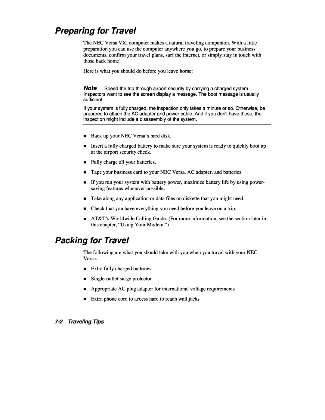 NEC VXi manual Preparing for Travel, Packing for Travel, 7-2Traveling Tips 
