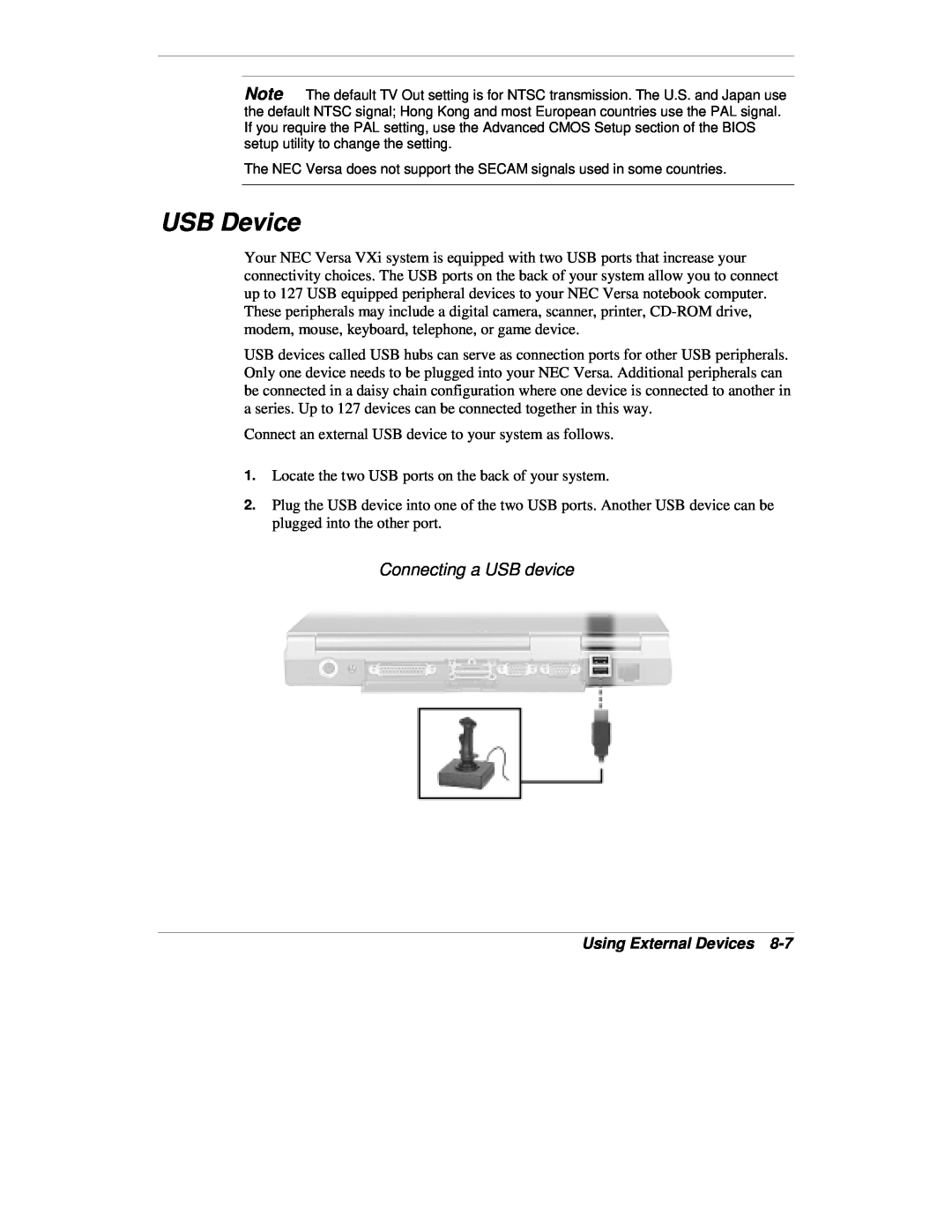 NEC VXi manual USB Device, Connecting a USB device, Using External Devices 