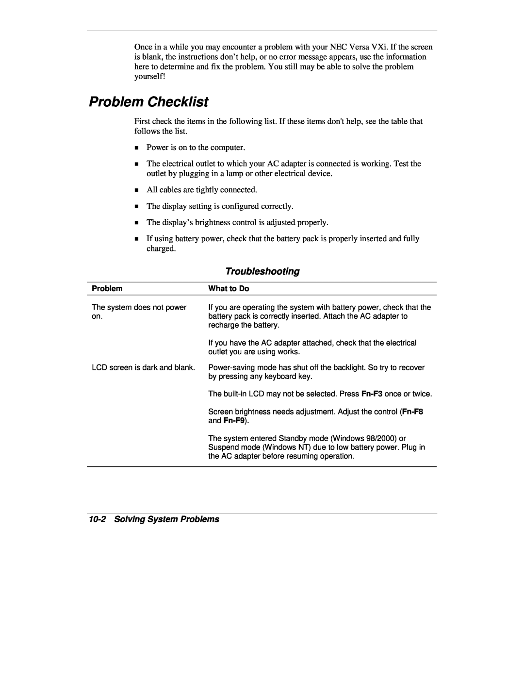 NEC VXi manual Problem Checklist, Troubleshooting, 10-2Solving System Problems 
