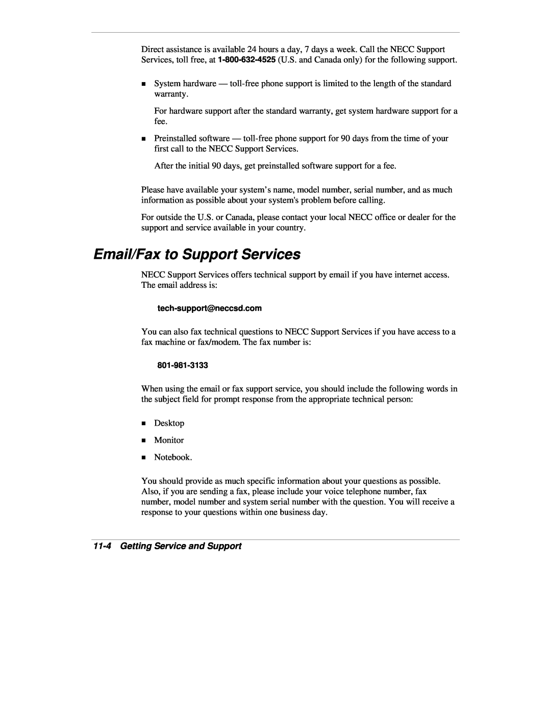 NEC VXi manual Email/Fax to Support Services, 11-4Getting Service and Support 
