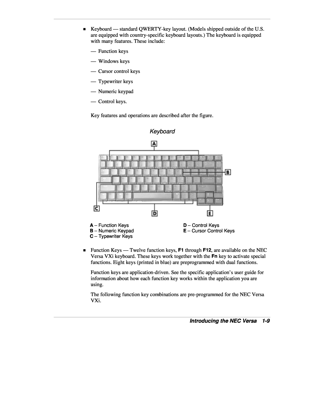 NEC VXi manual Keyboard, Introducing the NEC Versa 
