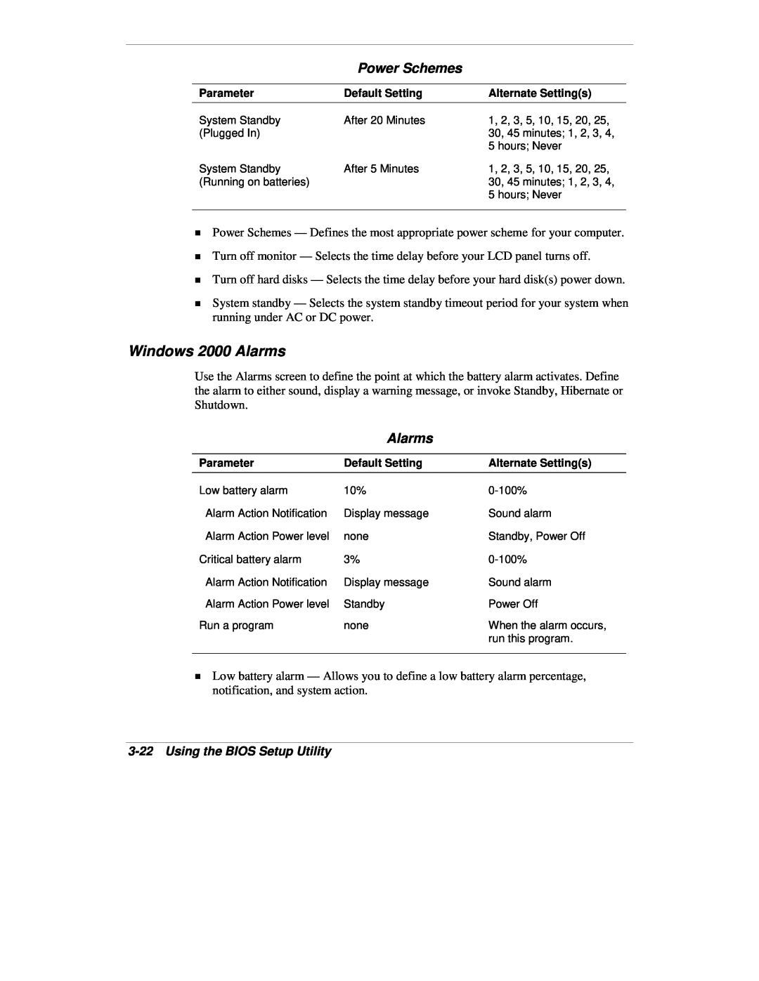 NEC VXi manual Windows 2000 Alarms, Power Schemes, 3-22Using the BIOS Setup Utility 