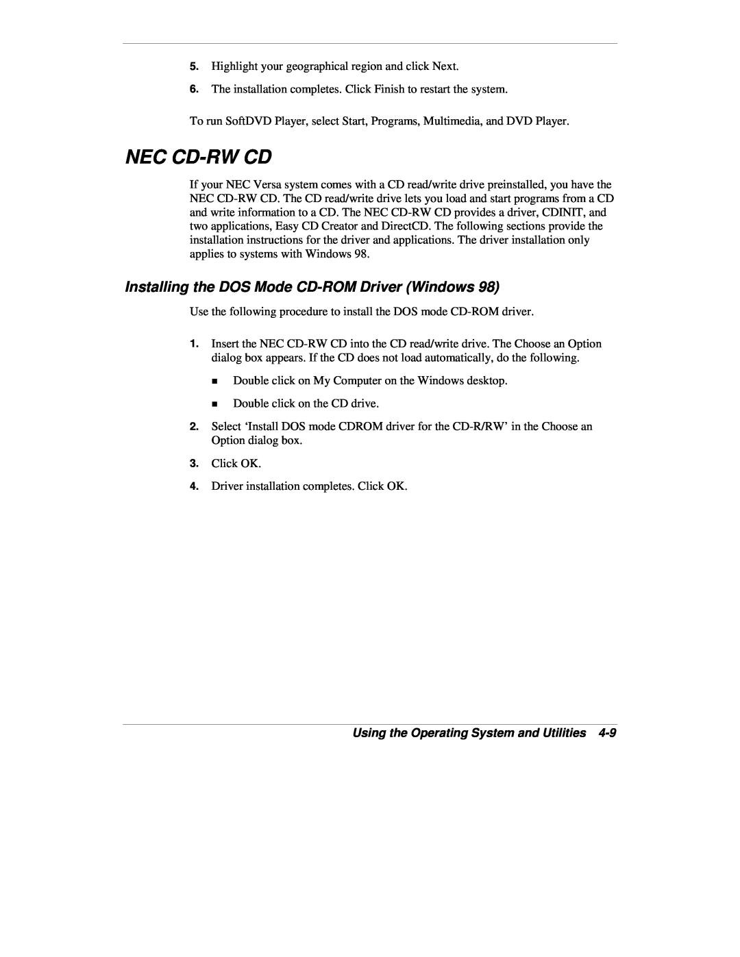 NEC VXi manual Nec Cd-Rwcd, Installing the DOS Mode CD-ROMDriver Windows, Using the Operating System and Utilities 
