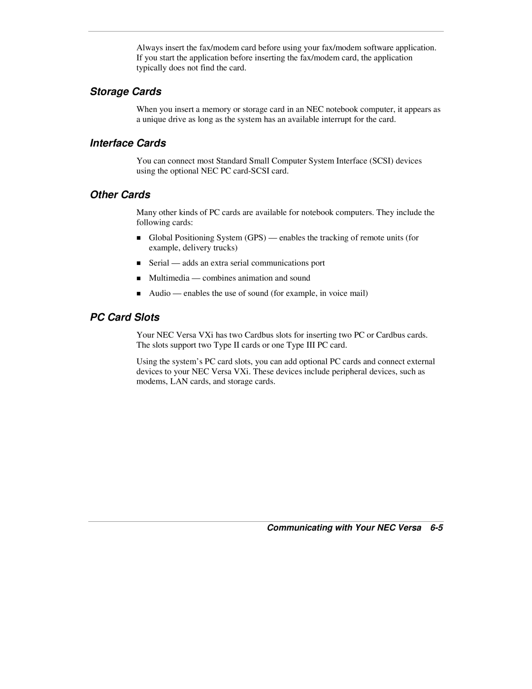 NEC VXi manual Storage Cards, Interface Cards, Other Cards, PC Card Slots 