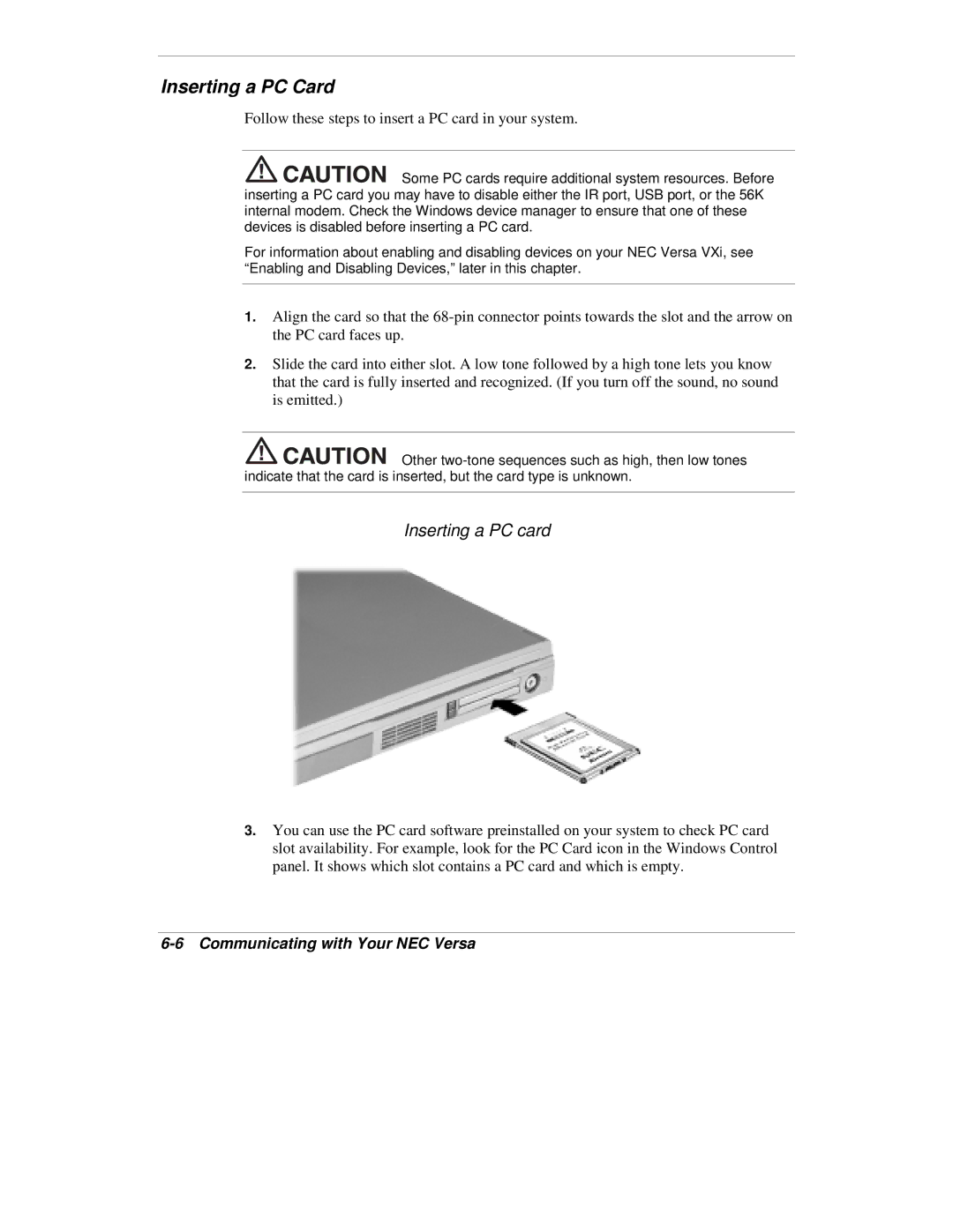 NEC VXi manual Inserting a PC Card, Inserting a PC card 