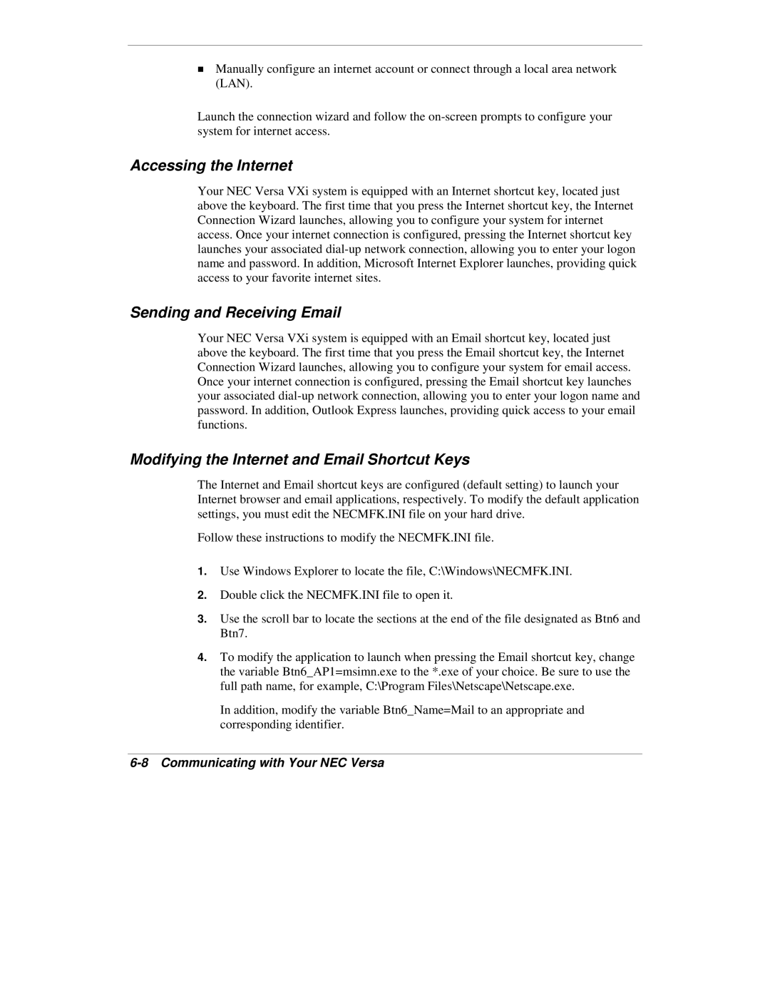 NEC VXi manual Accessing the Internet, Sending and Receiving Email, Modifying the Internet and Email Shortcut Keys 