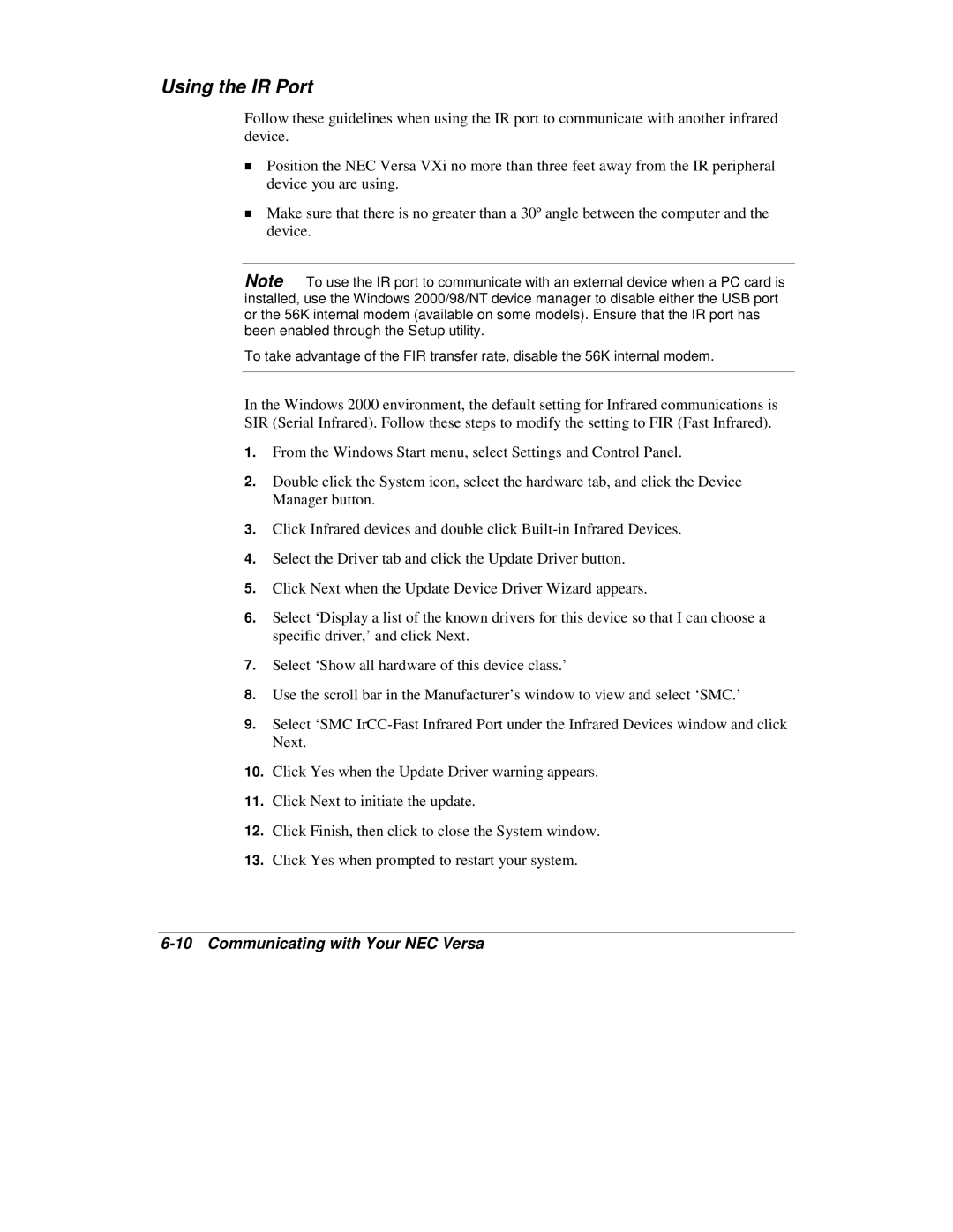 NEC VXi manual Using the IR Port 