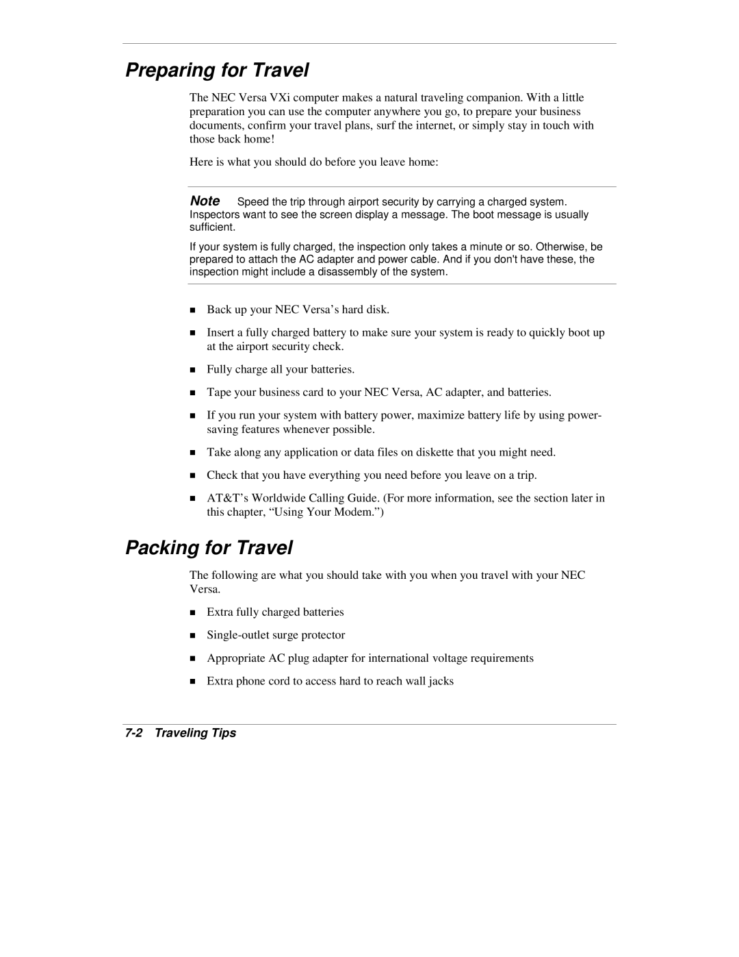 NEC VXi manual Preparing for Travel, Packing for Travel, Traveling Tips 