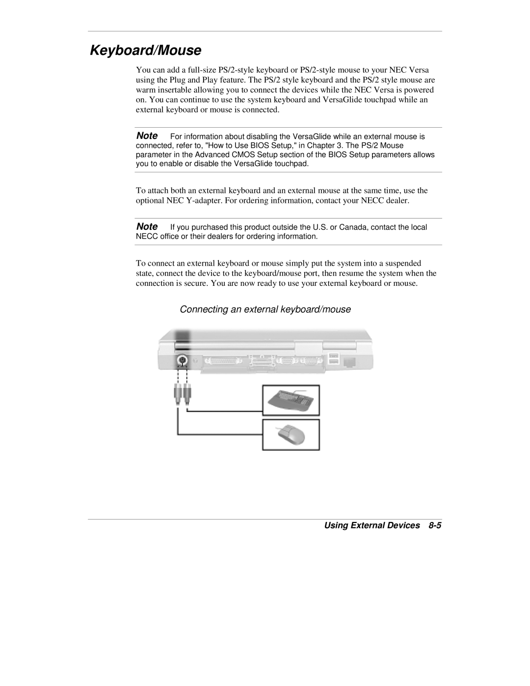 NEC VXi manual Keyboard/Mouse, Connecting an external keyboard/mouse 